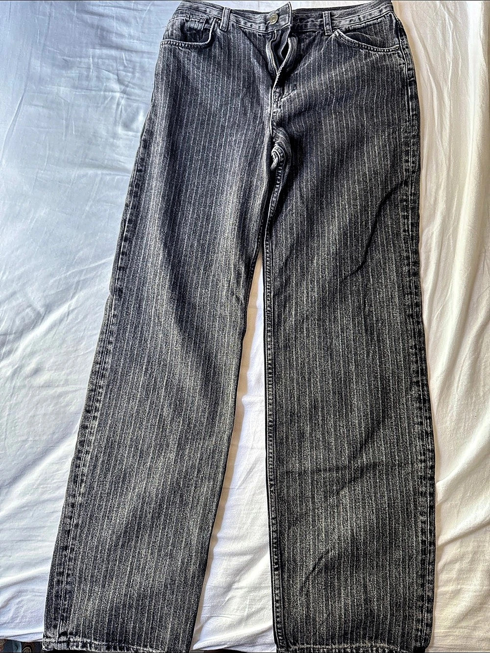 Zara Striped Straight Leg Jeans in Black